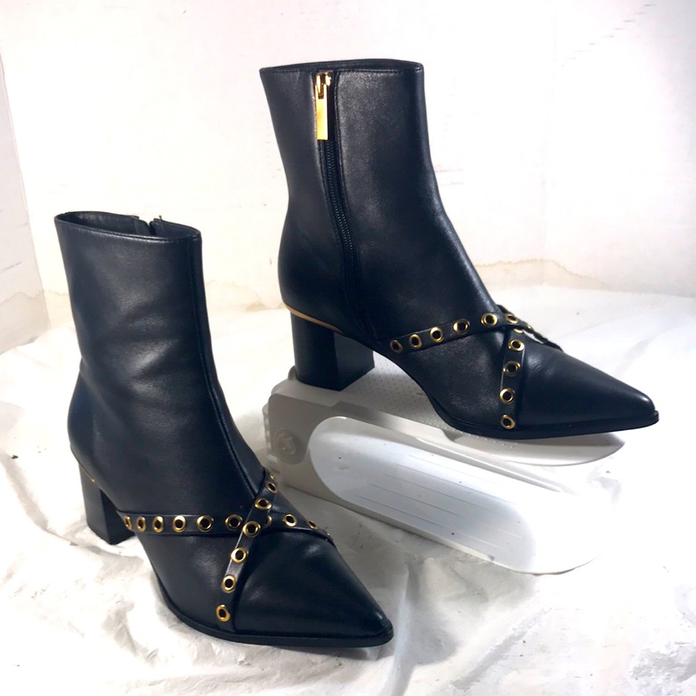 Cecelia New York Women’s Black Leather Dundy Buckle Pointy Toe Ankle Boots